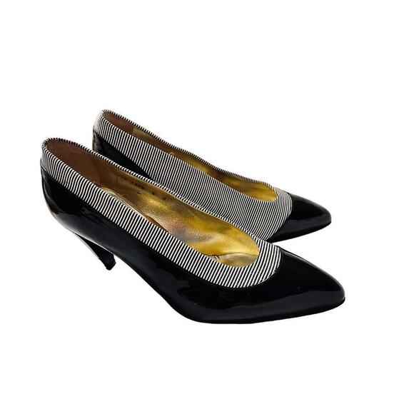 VTG Walter Steiger striped fabric & patent leather pumps made in Italy- Size 8B - Picture 2 of 9